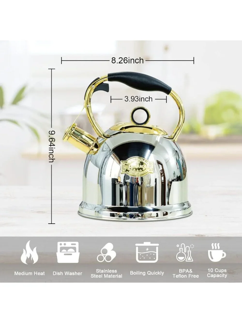 Gold Kitchen Whistling Tea Kettle 3.0 Quart Stainless Steel Stovetop Tea Pot
